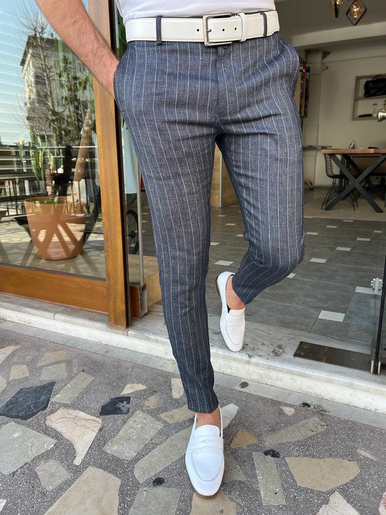 Firenze Dark Blue Striped Slim Fit Pants – Men's Priorities